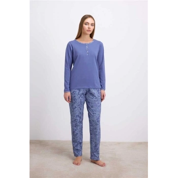 VipMarketim  %95 Pamuklu Uzun Kollu T-shirt Ve Desenli Pantolon Pijama Takımı