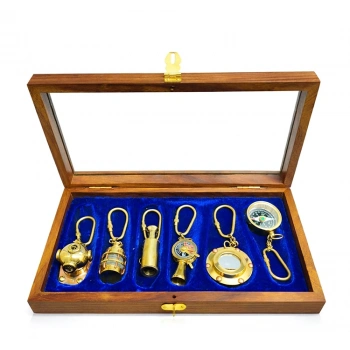 VipMarketim Ahşap Kutulu Denizci Temalı Pirinç Anahtarlık Seti