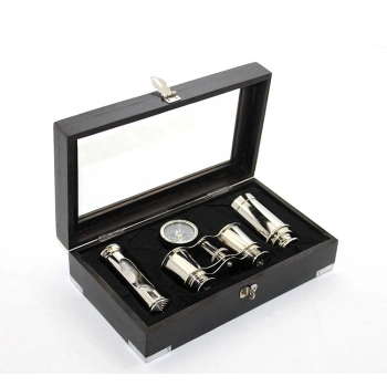 VipMarketim Ahşap Kutulu Pirinç Dürbün Pusula Ve Kum Saati Seti