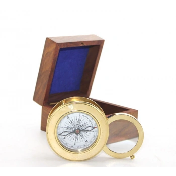 VipMarketim Ahşap Kutulu Pirinç Mercekli Pusula Model 2