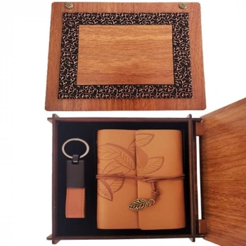 VipMarketim Ahşap Kutulu Taba Renk Deri Defter Anahtarlık Set