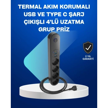 VipMarketim Akıllı Akım Dengelemeli 4’lü Çoklu Priz Type-C ve USB Çıkışlı