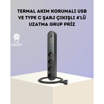 VipMarketim Akım Korumalı Çoklu Priz 4’lü 2 USB 1 Type-C 2500W Güçlü Tasarım