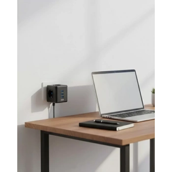 VipMarketim Akım Korumalı Küp Priz 3 Priz Girişi ve 3 USB Şarj Özellikli