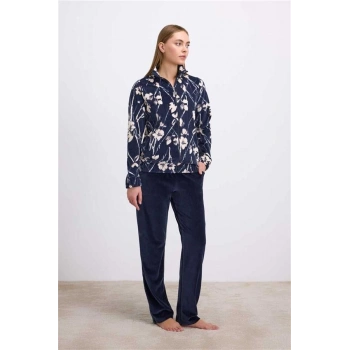 Vipmarketim Anemon Kadın Uzun Kollu Çiçek Desenli Fermuarlı Sweatshirt Ve Düz Kadife Pantolon Takım (kod:11535)