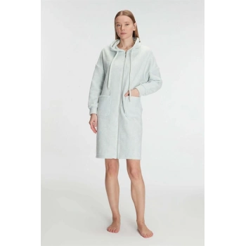 VipMarketim Anıl 11328 Kadın Polar Kapüşonlu Cepli Fermuarlu Kışlık Sabahlık