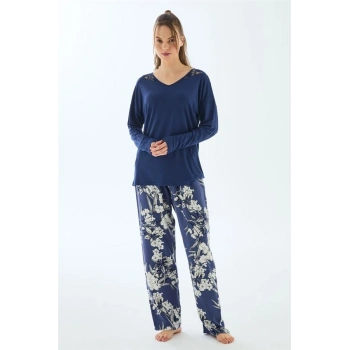 VipMarketim Anıl 11499 Kadın Uzun Kol T-shirt Ve Pantolon Pijama Takımı