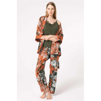 Vipmarketim Anıl İp Askılı V Yaka Viskon Çiçek Desenli Kışlık Örme Normal Bel Nakış Detaylı Pijama Takımı Sabahlık (kod:5795)