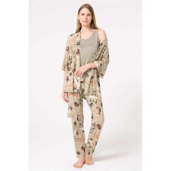 Vipmarketim Anıl Kolsuz Sıfır Kol Bisiklet Yaka Viskon Çiçek Desenli Kışlık Örme Normal Bel Bağlamalı Dantel Detaylı Pijama Takımı Sabahlık (kod:5797)