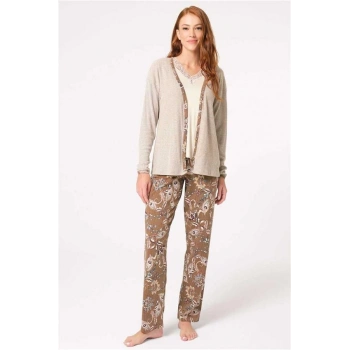 Vipmarketim Anıl Kalın Askılı V Yaka Viskon Çiçek Desenli Kışlık Örme Normal Bel Düğmeli Dantel Detaylı Pijama Takımı Sabahlık (kod:5798)