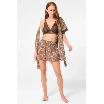 Vipmarketim Anıl İp Askılı V Yaka Polyamid Elastan Çiçek Desenli Yazlık Örme Normal Bel Dantel Detaylı Pijama Takımı Sabahlık (kod:5799)