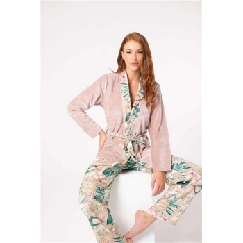 Vipmarketim Anıl Uzun Kol V Yaka Viskon Çiçek Desenli Kışlık Örme Normal Bel Bağlamalı Pijama Takımı (kod:5802)