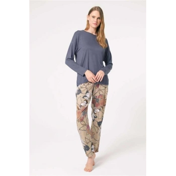 Vipmarketim Anıl Uzun Kol Bisiklet Yaka Viskon Çiçek Desenli Kışlık Örme Normal Bel Dantel Detaylı Pijama Takımı (kod:9836)