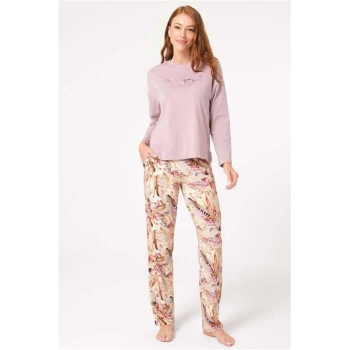 Vipmarketim Anıl Uzun Kol Bisiklet Yaka Modal Çiçek Desenli Kışlık Örme Normal Bel Nakış Detaylı Pijama Takımı (kod:9838)