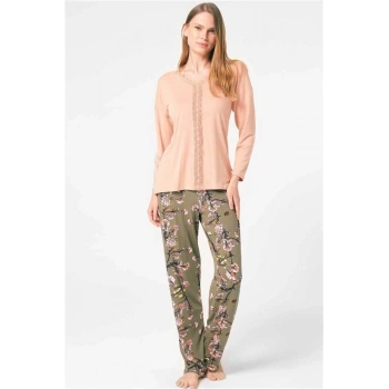 Vipmarketim Anıl Uzun Kol V Yaka Viskon Çiçek Desenli Kışlık Örme Normal Bel Dantel Detaylı Pijama Takımı (kod:9843)