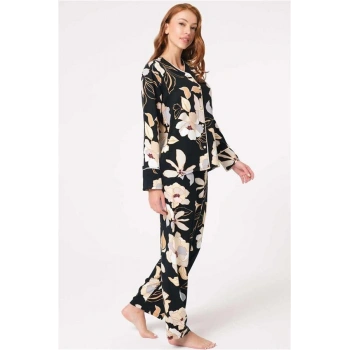 Vipmarketim Anıl Uzun Kol V Yaka Viskon Çiçek Desenli Kışlık Örme Normal Bel Pijama Takımı (kod:9848)