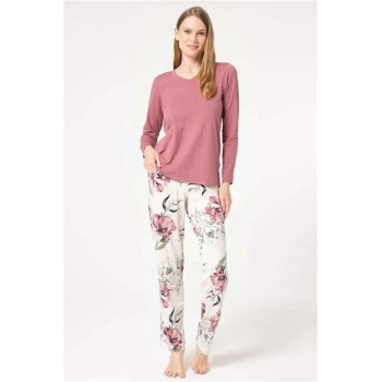 Vipmarketim Anıl Uzun Kol V Yaka Bamboo Çiçek Desenli Kışlık Örme Normal Bel Transparan Tül Detaylı Pijama Takımı (kod:9853)