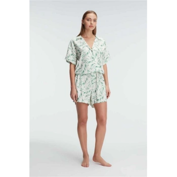 Vipmarketim Anıl Ev Giyimi Kısa Kol V Yaka Kadın Viskon Tropikal Yazlık Örme Normal Bel Mi̇ni̇ Pijama Takımı (kod:9876)