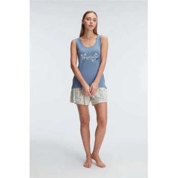 Vipmarketim Anıl Kalın Askılı Bisiklet Yaka Kadın Viskon Çiçek Desenli Yazlık Örme Mini Pijama Takımı (kod:9893)