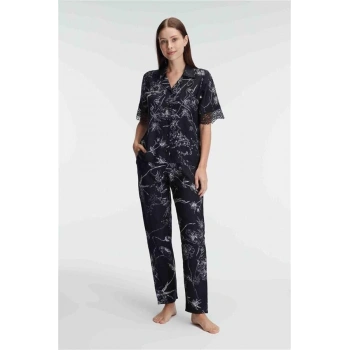 Vipmarketim Anıl Yarım Kollu V Yaka Kadın Viskon Çiçek Desenli Yazlık Dokuma Dantel Detaylı Pijama Takımı (kod:9895)