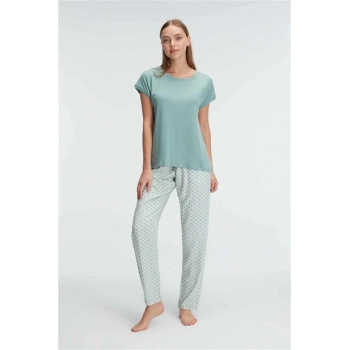 Vipmarketim Anıl Kısa Kol Bisiklet Yaka Kadın Viskon Çiçek Desenli Yazlık Örme Normal Bel Pijama Takımı (kod:9919)