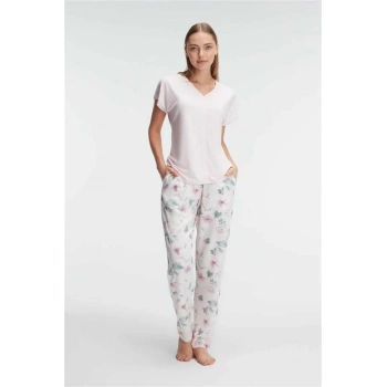 VipMarketim Anıl Ev Giyimi Kısa Kol V Yaka Kadın Viskon Çiçek Desenli Yazlık Örme Normal Bel Pijama Takımı (Kod:9868)