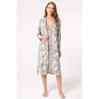 VipMarketim Anıl İp Askılı V Yaka Bamboo Çiçek Desenli Kışlık Örme Normal Bel Bağlamalı Dantel Detaylı Gecelik Sabahlık (Kod:5791)