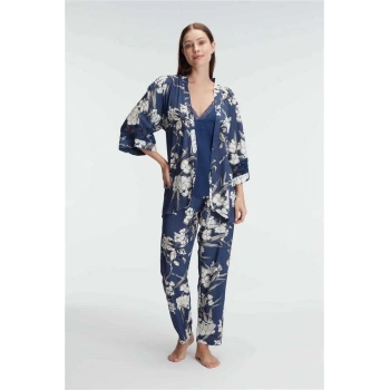 VipMarketim Anıl İp Askılı V Yaka Kadın Viskon Çiçek Desenli Yazlık Dantel Detaylı Pijama Takımı Sabahlık (Kod:5825)
