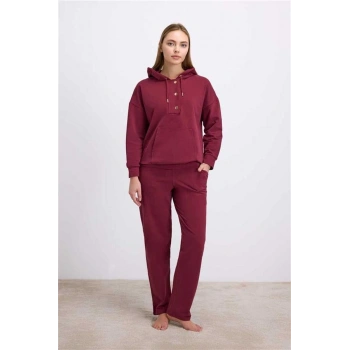 Vipmarketim Anıl Kadın Bordo Kapüşonlu Sweatshirt Ve Pantolon Takımı ( ) (kod:11604)