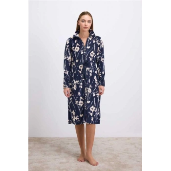 Vipmarketim Anil Kadın Çiçek Desenli Fermuarlı Kadife Sabahlık Takımı (kod:11537)