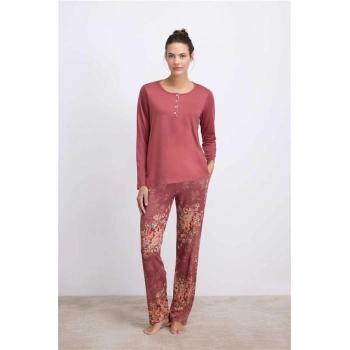 Vipmarketim Anıl Kadın Çiçek Desenli Uzun Kollu Viskon Kumaştan T-shirt Ve Pantolon Pijama Takımı ( ) (kod:11628)