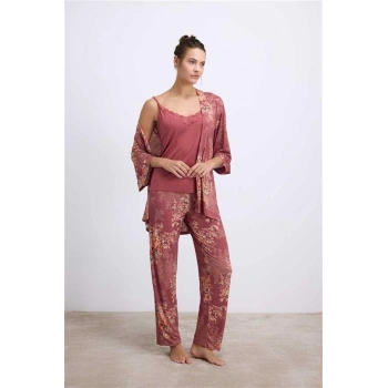 VipMarketim Anıl Kadın Çiçek Desenli Viskon Lenzing Kumaştan Sabahlık, Atlet Ve Pantolon Takımı ( ) (Kod:11603)