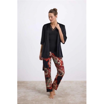 Vipmarketim Anıl Kadın Desenli Pantolonlu 3’lü Set – Sabahlık, Dantel Detaylı Atlet Ve Pantolon Takımı ( ) (kod:11546)