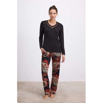 Vipmarketim Anıl Kadın Desenli Pantolonlu V-yaka Uzun Kollu Pijama Takımı ( ) (kod:11544)