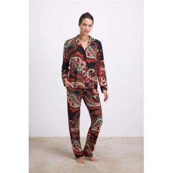 VipMarketim Anıl Kadın Desenli Uzun Kollu Gömlek Ve Pantolon Pijama Takımı ( ) (Kod:11545)