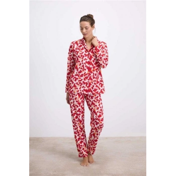 VipMarketim Anıl Kadın Desenli Uzun Kollu Gömlek Yaka Pijama Takımı Nefes Alabilir Yumuşak Kumaş (Jersey) (Kod:11564)