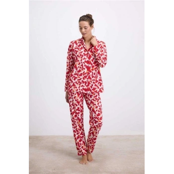 Vipmarketim Anıl Kadın Desenli Uzun Kollu Gömlek Yaka Pijama Takımı Nefes Alabilir Yumuşak Kumaş (jersey) (kod:11564)