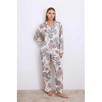 Vipmarketim Anil Kadın Desenli Uzun Kollu Gömlek Yaka Viskon Pijama Takımı (kod:11571)