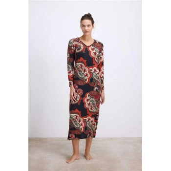 Vipmarketim Anıl Kadın Desenli Uzun Kollu Midi Boy Elbise ( ) (kod:11547)