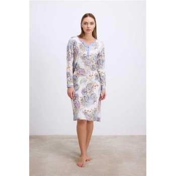 Vipmarketim Anıl Kadın Desenli Uzun Kollu Viskon Gecelik – Düğme Detaylı, Yumuşak Ve Nefes Alabilen Kumaş (kod:11570)