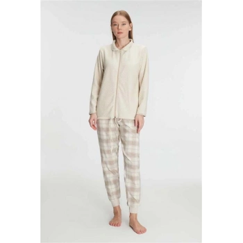 VipMarketim Anıl Kadın Fermuarlı Uzun Kollu Viskon & Pamuklu Pijama Takımı – Yumuşacık Dokulu, Ev Şıklığı (Kod:11210)