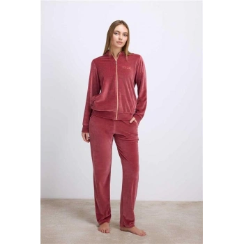 VipMarketim Anıl Kadın Kadife Dokulu Fermuarlı Uzun Kollu Sweatshirt Ve Pantolon Takım ( ) (Kod:11560)