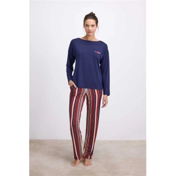 Vipmarketim Anıl Kadın Lacivert Uzun Kollu T-shirt Ve Çizgili Pantolon Takımı ( ) (kod:11577)