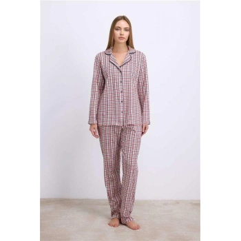 VipMarketim Anıl Kadın Pamuklu Uzun Kol Düğmeli Gömlek Ve Ekose Pantolon Pijama Takımı Zamansız Şıklık (Kod:11627)