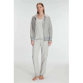 VipMarketim Anıl Kadın Pamuklu Uzun Kol Fermuarlı Swearshirt Sıfır Kol T-Shirt Ve Pantolon Pijama Takım (Kod:11237)