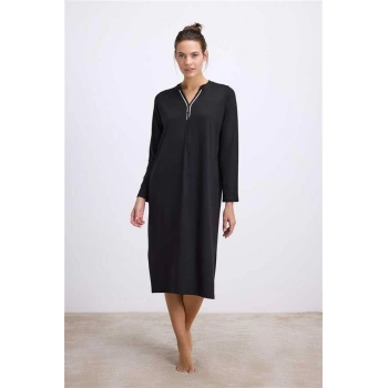 Vipmarketim Anıl Kadın Siyah Uzun Kollu Düğme Detaylı Gecelik ( ) (kod:11541)