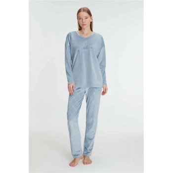 VipMarketim Anıl Kadın Uzun Kol V Yaka Sweatshirt Ve Pantolon Takım Pijama Takımı (Kod:11302)