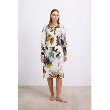 Vipmarketim Anil Kadın Uzun Kollu Çiçek Desenli Lenzing Viskon, Düğmeli Yaka Detaylı Gecelik (kod:11553)
