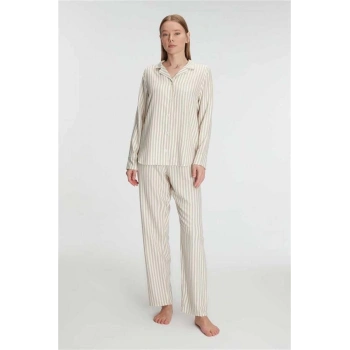Vipmarketim Anıl Kadın Uzun Kollu Çizgili Gömlek Ve Pantolon Takım Klasik Şıklıkta Pamuklu Pijama Takımı (kod:11214)