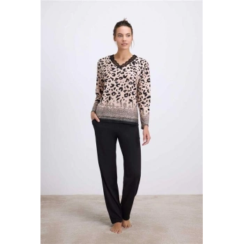 VipMarketim Anıl Kadın Uzun Kollu Dantelli Yaka Leopar Desenli T-Shirt Ve Pantolon Pijama Takımı ( ) (Kod:11540)